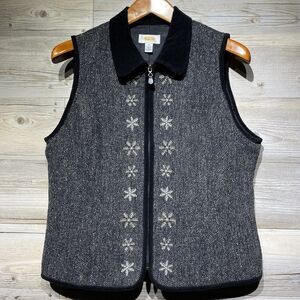 Talbots Wool Silk Vest Zip-Up Velvet Herringbone Embroidered Snowflake Medium